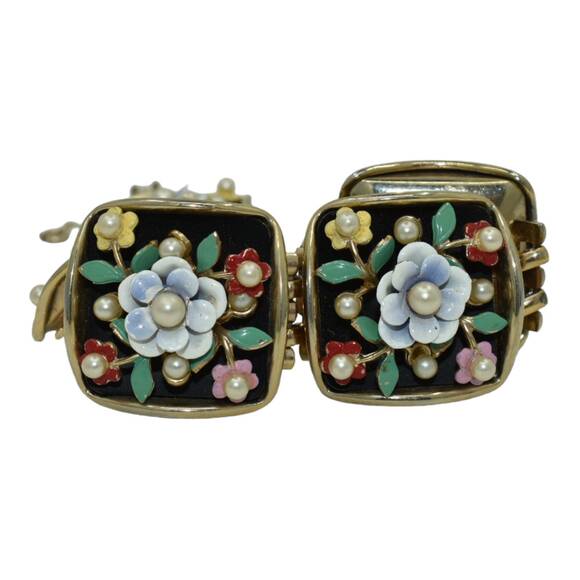 Vintage Bracelet Earrings Set Enamel Flowers Faux Pearls by Alice Jewelry Co - Picture 5 of 10